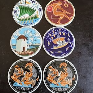 EXQUISITE VTG Niarchos Folk Art 4" Ceramic Coasters Set of 6 Made in Greece.